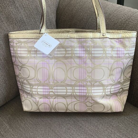 Coach tote mini gold and purple plaid NWT - Picture 3 of 12